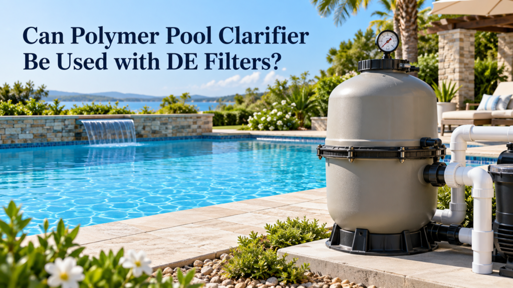 DE pool filter tank with a pressure gauge beside a clear blue swimming pool.