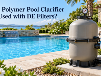 DE pool filter tank with a pressure gauge beside a clear blue swimming pool.