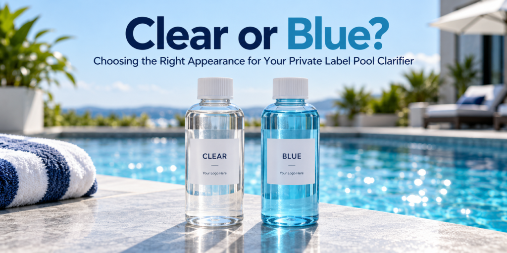 Clear and blue private label pool clarifier sample bottles displayed beside a swimming pool.