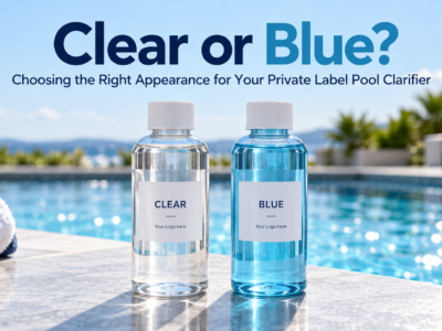 Clear and blue private label pool clarifier sample bottles displayed beside a swimming pool.