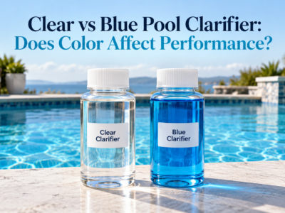 Clear and blue liquid pool clarifier samples beside a swimming pool, illustrating a comparison of product color and clarification performance.