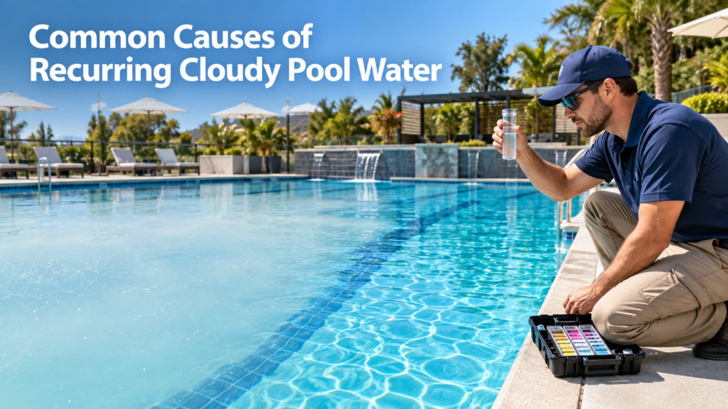 Pool maintenance professional testing water beside a swimming pool transitioning from recurring cloudy water to a crystal-clear condition.