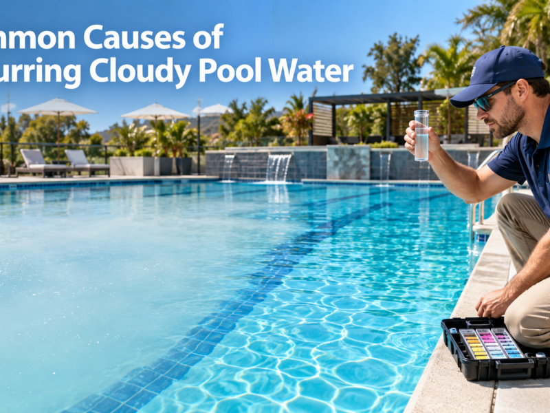 Pool maintenance professional testing water beside a swimming pool transitioning from recurring cloudy water to a crystal-clear condition.