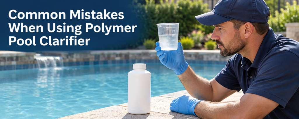 Pool technician checks a measuring cup beside a swimming pool, illustrating careful polymer pool clarifier dosing.