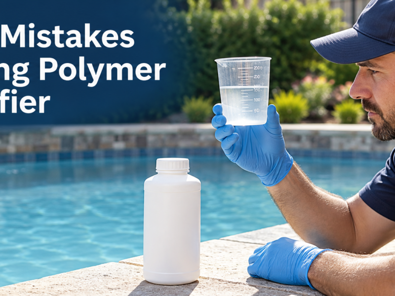 Pool technician checks a measuring cup beside a swimming pool, illustrating careful polymer pool clarifier dosing.
