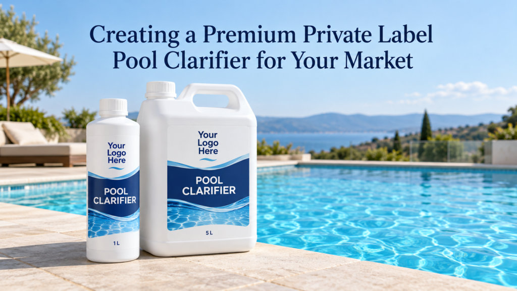 Private label pool clarifier packaging concept featuring a white 1 L bottle and 5 L jerrycan with custom blue labels beside a clear swimming pool.