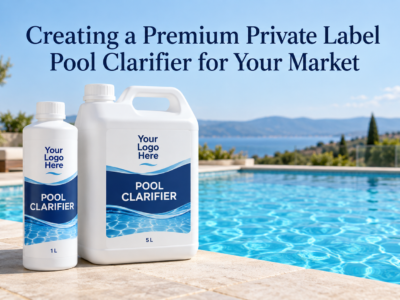 Private label pool clarifier packaging concept featuring a white 1 L bottle and 5 L jerrycan with custom blue labels beside a clear swimming pool.