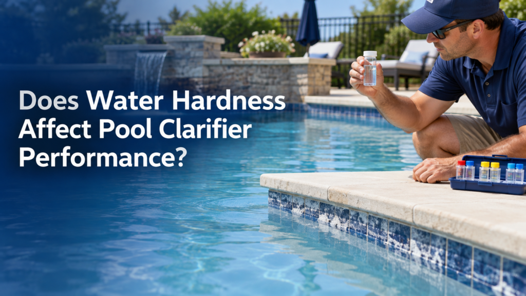 Pool technician examines a water sample beside a swimming pool, with a testing kit on the deck, to assess water hardness and clarifier performance.