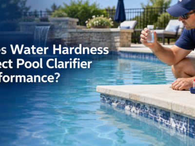 Pool technician examines a water sample beside a swimming pool, with a testing kit on the deck, to assess water hardness and clarifier performance.
