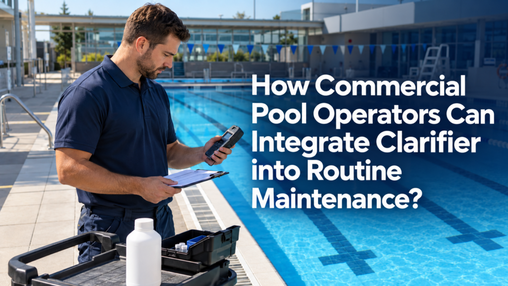 Commercial pool operator testing water beside a clear swimming pool, with the article title about integrating clarifier into routine maintenance.