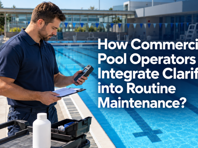 Commercial pool operator testing water beside a clear swimming pool, with the article title about integrating clarifier into routine maintenance.