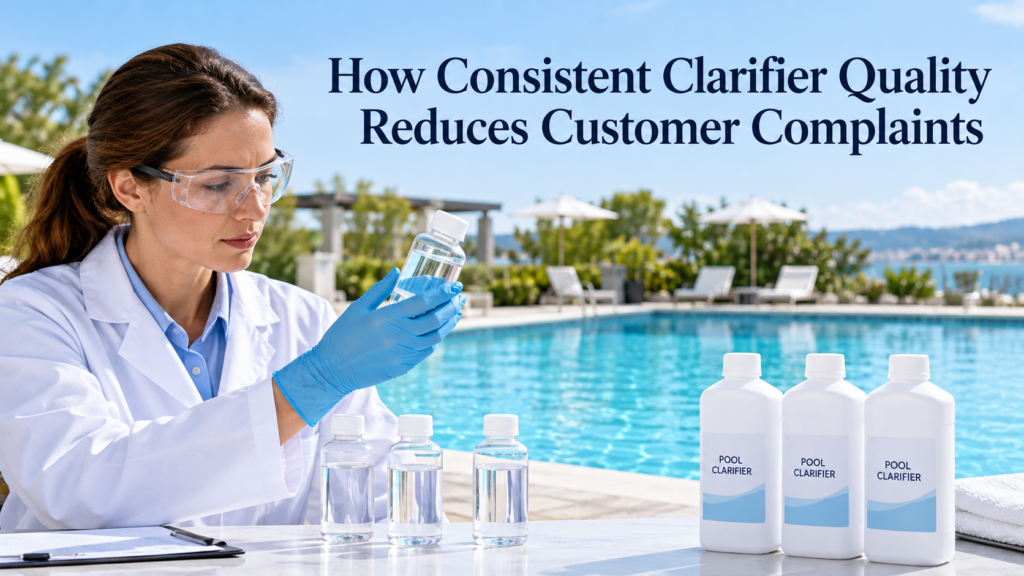 Quality control technician examining liquid samples beside pool clarifier bottles at a clear swimming pool.