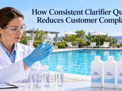 Quality control technician examining liquid samples beside pool clarifier bottles at a clear swimming pool.