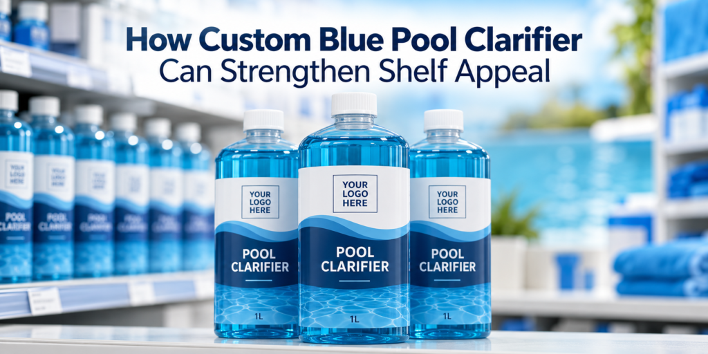 Custom blue pool clarifier bottles with private label designs displayed on a pool chemical retail shelf.