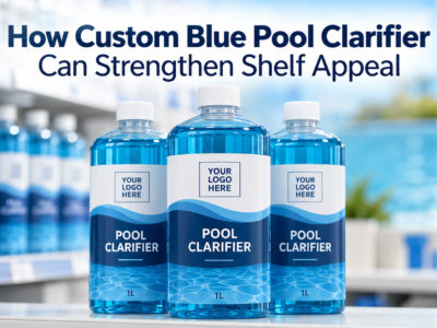 Custom blue pool clarifier bottles with private label designs displayed on a pool chemical retail shelf.