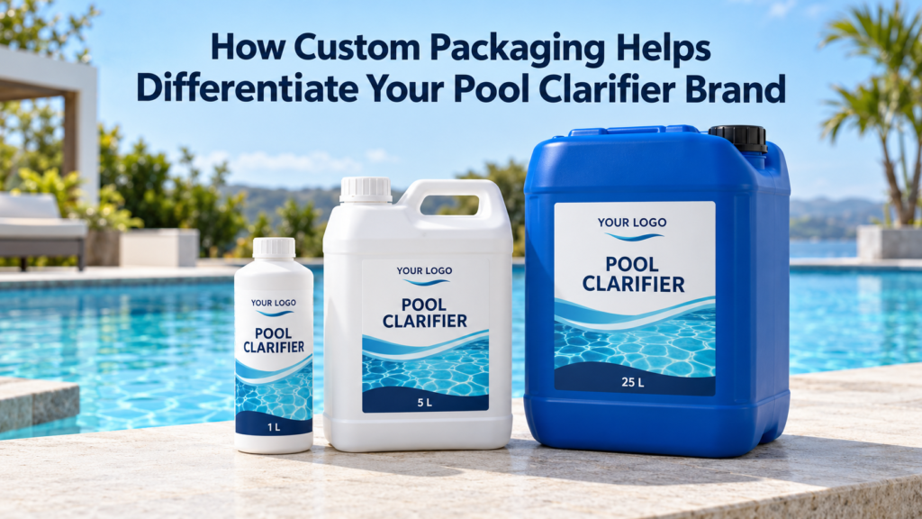 Custom pool clarifier packaging concept featuring a 1 L white bottle, 5 L white jerrycan, and 25 L blue jerrycan with matching private label designs beside a swimming pool.