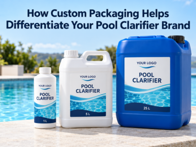 Custom pool clarifier packaging concept featuring a 1 L white bottle, 5 L white jerrycan, and 25 L blue jerrycan with matching private label designs beside a swimming pool.
