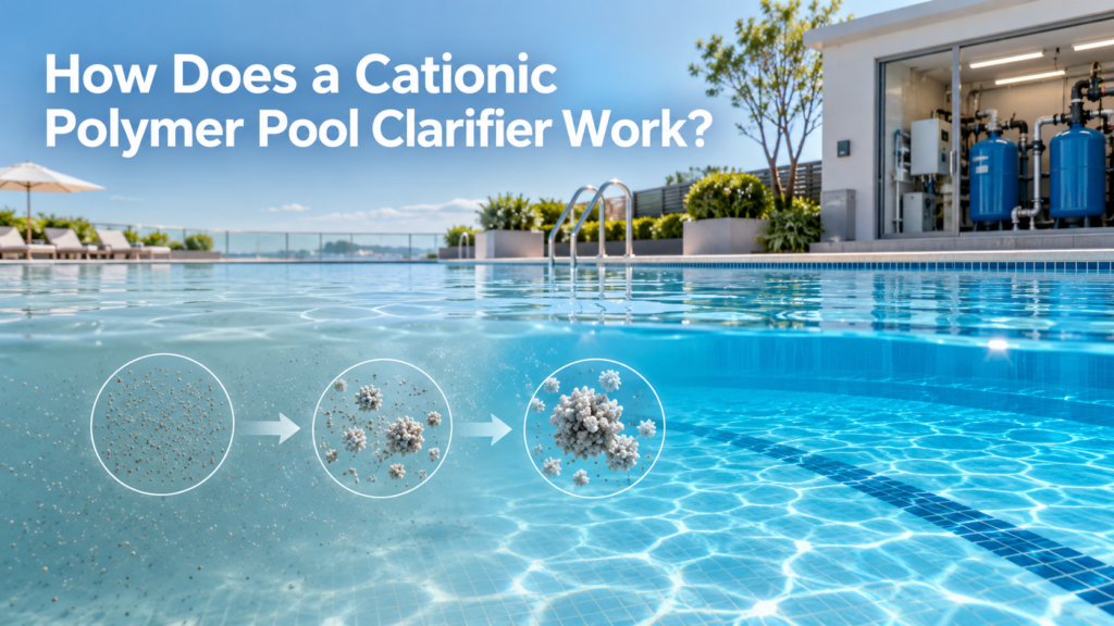 Cationic polymer pool clarifier gathering fine suspended particles into larger filterable clusters as cloudy pool water becomes clear.