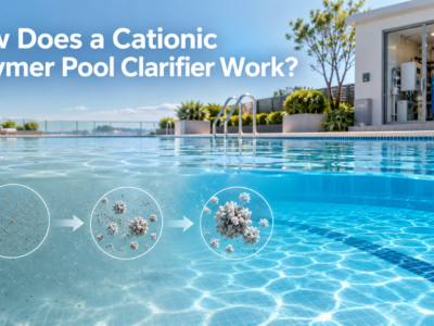 Cationic polymer pool clarifier gathering fine suspended particles into larger filterable clusters as cloudy pool water becomes clear.