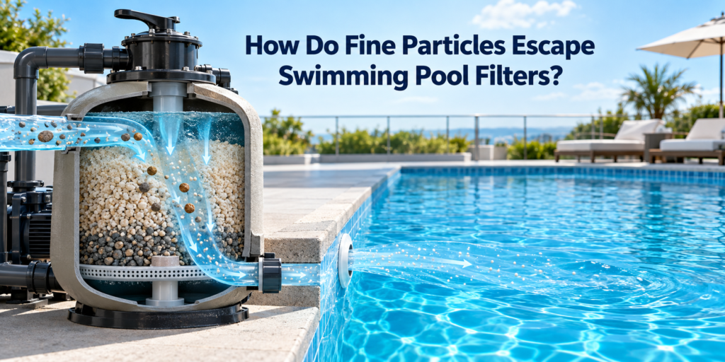 Cutaway swimming pool sand filter showing larger debris being trapped while fine suspended particles pass through the filter media and return to the clear blue pool.