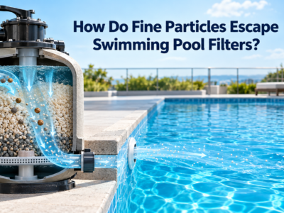 Cutaway swimming pool sand filter showing larger debris being trapped while fine suspended particles pass through the filter media and return to the clear blue pool.