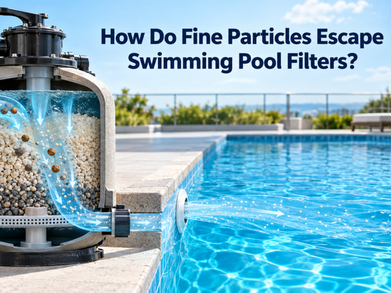 Cutaway swimming pool sand filter showing larger debris being trapped while fine suspended particles pass through the filter media and return to the clear blue pool.