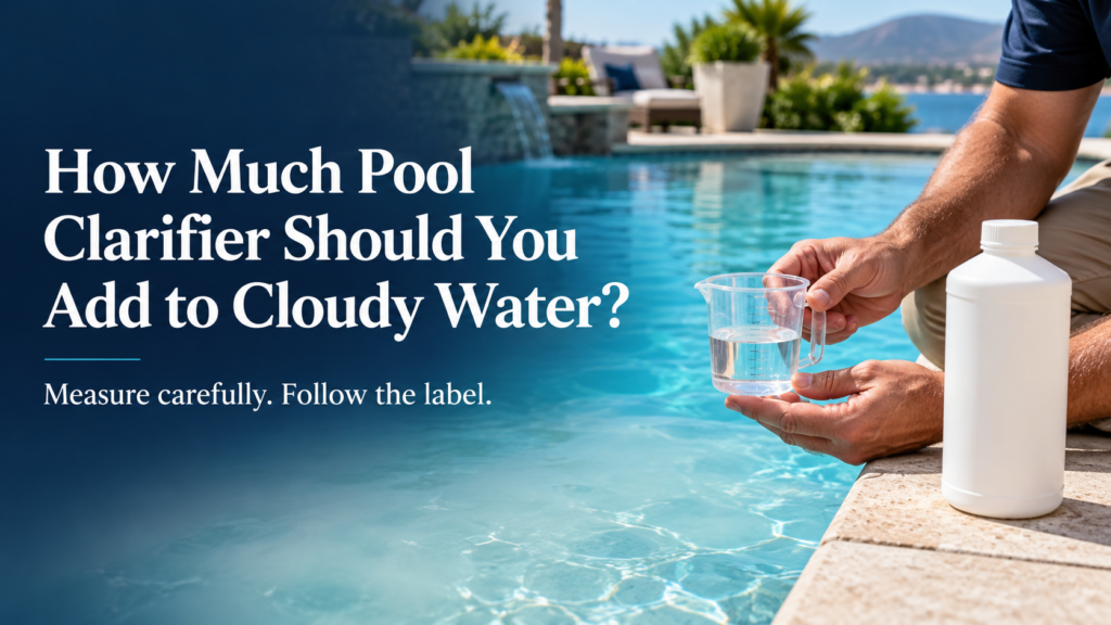 Pool technician measuring liquid pool clarifier beside a swimming pool, with the headline “How Much Pool Clarifier Should You Add to Cloudy Water?”