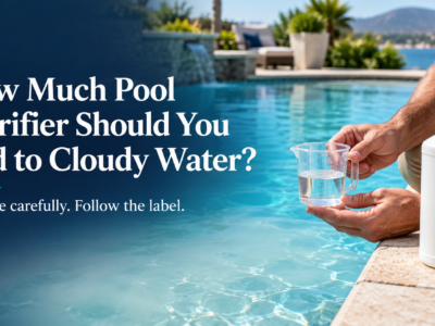 Pool technician measuring liquid pool clarifier beside a swimming pool, with the headline “How Much Pool Clarifier Should You Add to Cloudy Water?”