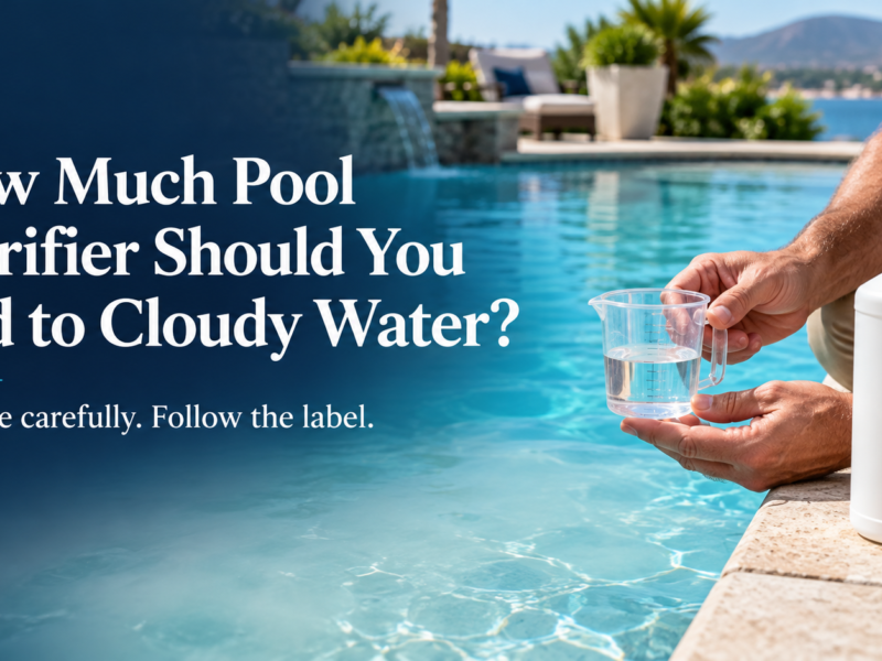 Pool technician measuring liquid pool clarifier beside a swimming pool, with the headline “How Much Pool Clarifier Should You Add to Cloudy Water?”