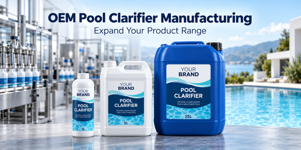 Private label pool clarifier in 1L, 5L, and 25L containers, with a conceptual filling line and swimming pool background.