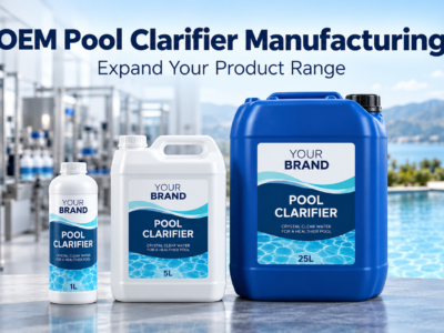 Private label pool clarifier in 1L, 5L, and 25L containers, with a conceptual filling line and swimming pool background.