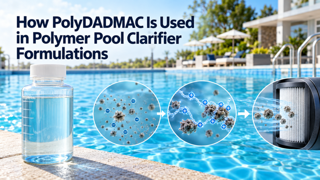 PolyDADMAC liquid pool clarifier gathering negatively charged suspended particles into larger clusters that a swimming pool filter can capture.