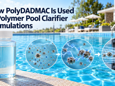 PolyDADMAC liquid pool clarifier gathering negatively charged suspended particles into larger clusters that a swimming pool filter can capture.