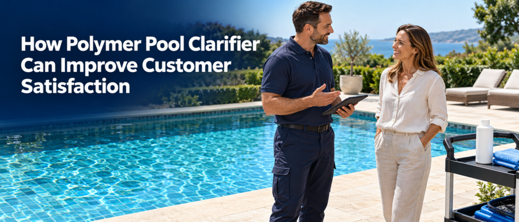 Pool service technician speaking with a satisfied pool owner beside clear swimming pool water, illustrating how polymer pool clarifier can support customer satisfaction.
