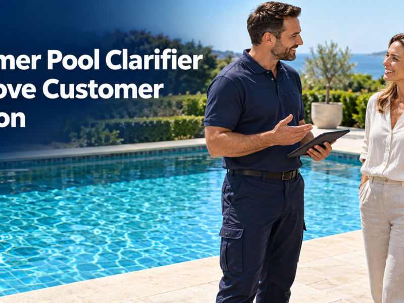 Pool service technician speaking with a satisfied pool owner beside clear swimming pool water, illustrating how polymer pool clarifier can support customer satisfaction.