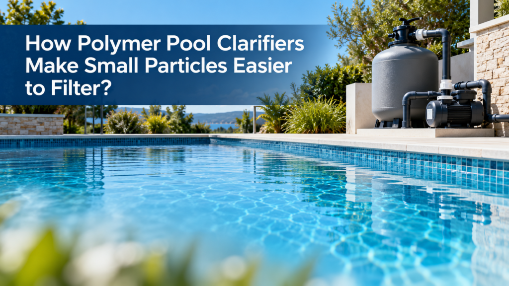 Outdoor swimming pool with clear blue water and filtration equipment, illustrating how polymer pool clarifiers help filters capture fine suspended particles.