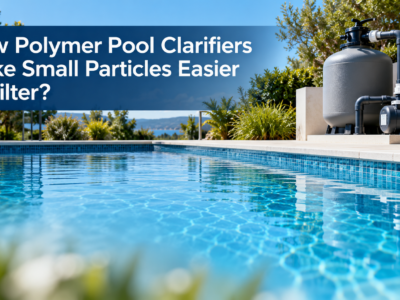 Outdoor swimming pool with clear blue water and filtration equipment, illustrating how polymer pool clarifiers help filters capture fine suspended particles.