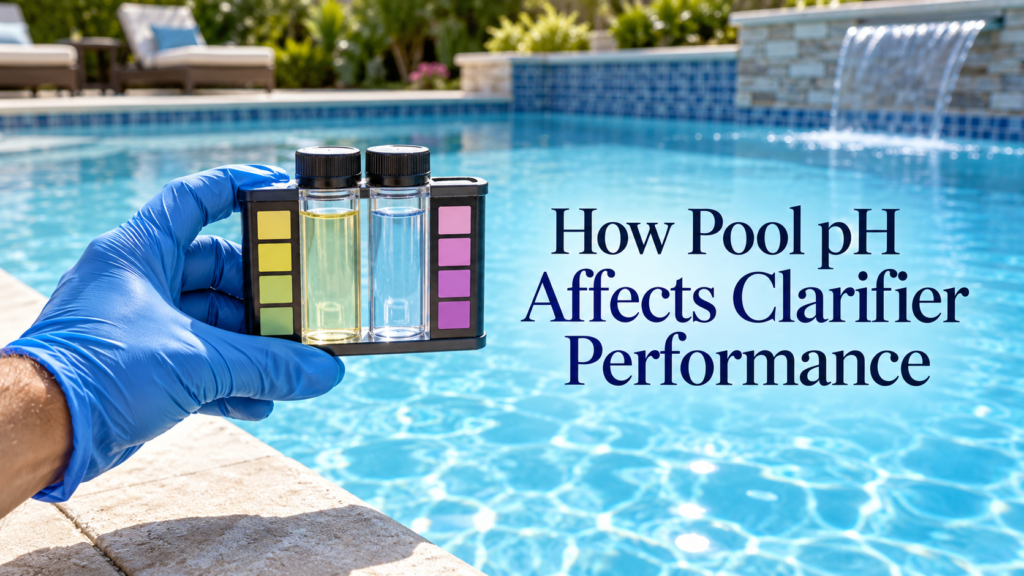 Gloved pool technician holding a water test comparator beside a clear swimming pool, with the headline “How Pool pH Affects Clarifier Performance.”