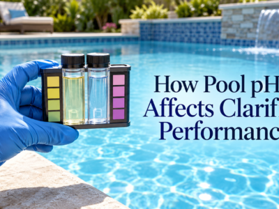 Gloved pool technician holding a water test comparator beside a clear swimming pool, with the headline “How Pool pH Affects Clarifier Performance.”