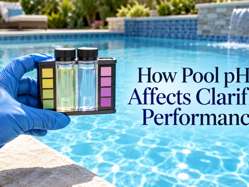 Gloved pool technician holding a water test comparator beside a clear swimming pool, with the headline “How Pool pH Affects Clarifier Performance.”