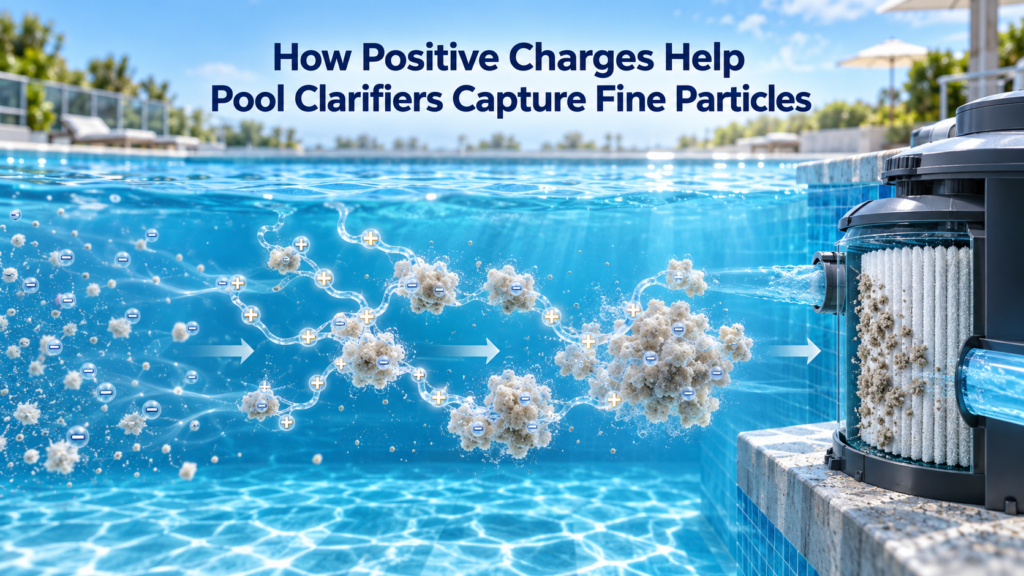 Cationic polymer chains with positive charges bind negatively charged fine particles into larger clusters that can be captured by a swimming pool filter.