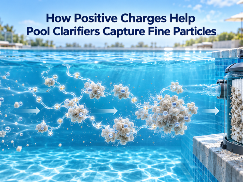 Cationic polymer chains with positive charges bind negatively charged fine particles into larger clusters that can be captured by a swimming pool filter.