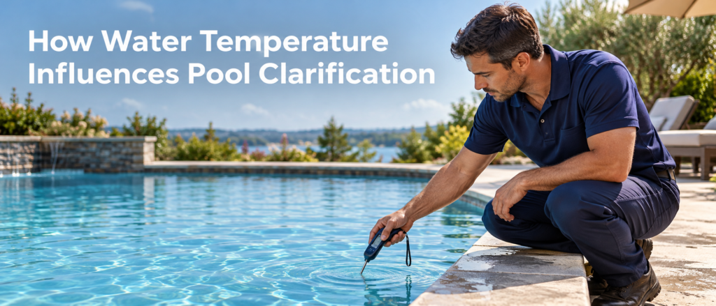 Pool technician measuring water temperature with a handheld thermometer beside an outdoor swimming pool.