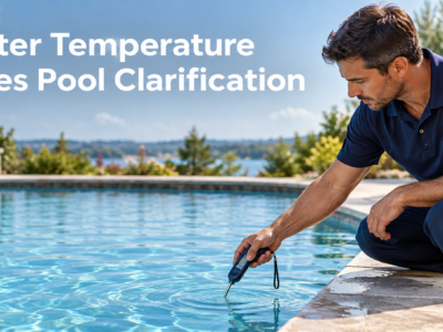 Pool technician measuring water temperature with a handheld thermometer beside an outdoor swimming pool.