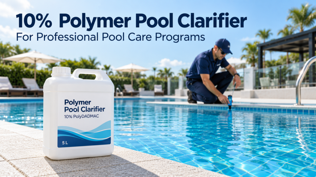 White 5-liter container of 10% PolyDADMAC pool clarifier beside a clear swimming pool, with a technician checking water quality.