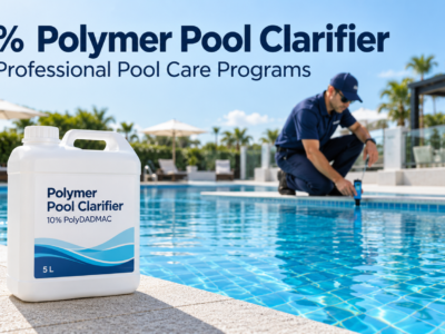 White 5-liter container of 10% PolyDADMAC pool clarifier beside a clear swimming pool, with a technician checking water quality.