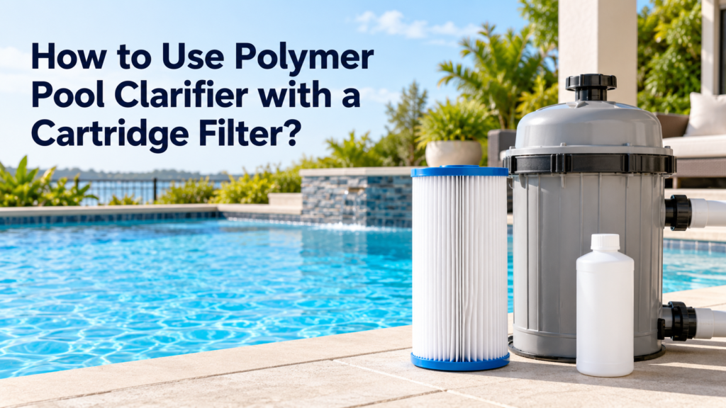 White pleated pool filter cartridge, gray filter housing, and clarifier bottle beside a clear blue swimming pool.