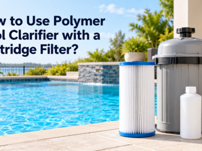 White pleated pool filter cartridge, gray filter housing, and clarifier bottle beside a clear blue swimming pool.