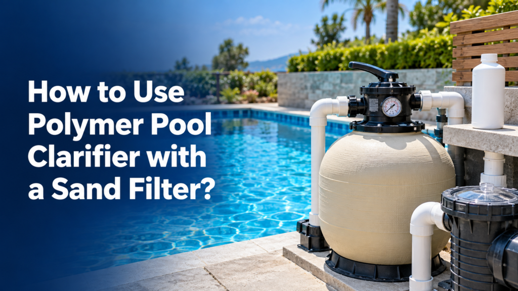 Sand filter with a multiport valve and pressure gauge beside a clear swimming pool, with a white polymer clarifier bottle nearby.