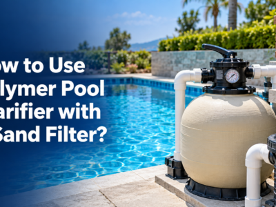 Sand filter with a multiport valve and pressure gauge beside a clear swimming pool, with a white polymer clarifier bottle nearby.